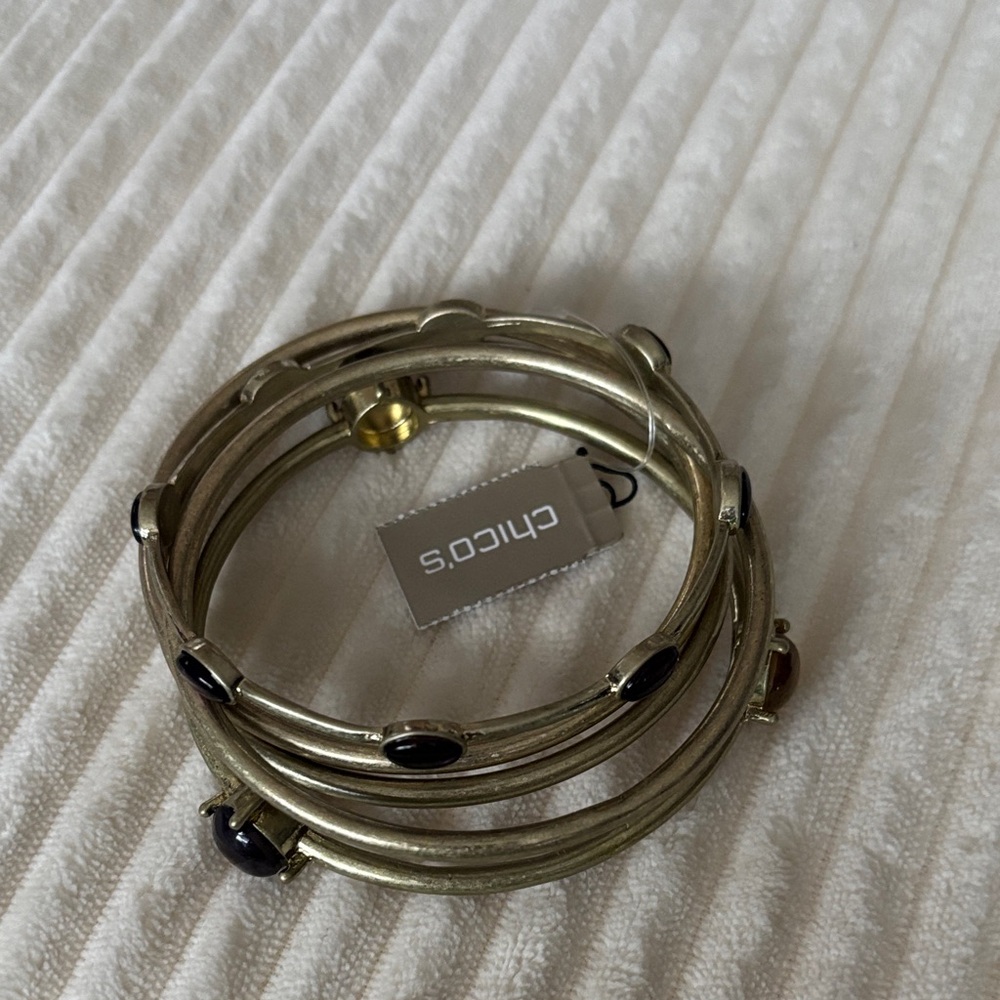 Chico's Gold-Tone Multi Bangle Bracelet with Black Stones